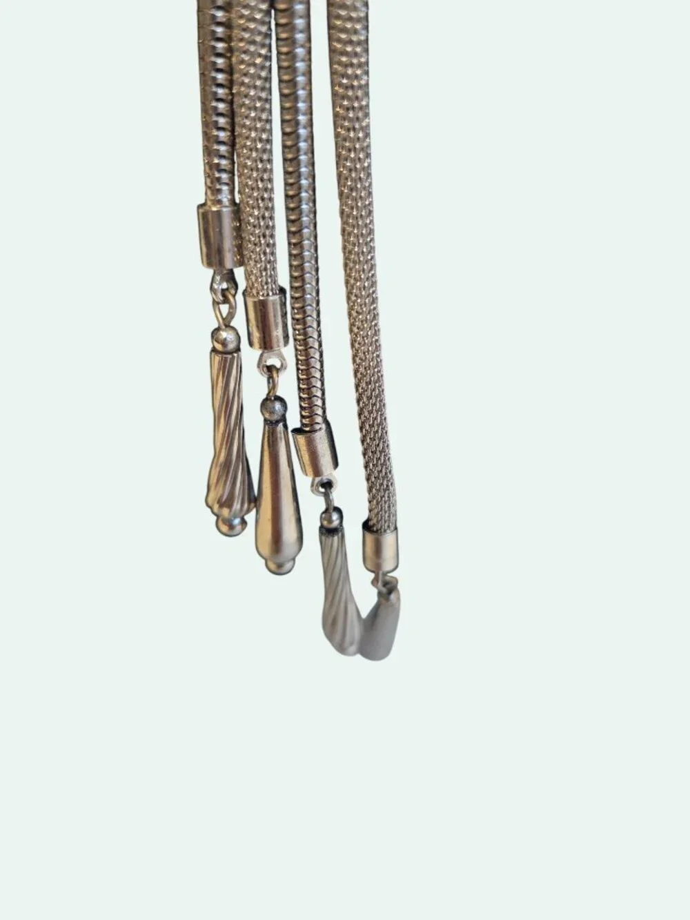 Vintage Multi-Strand Lariat Silver Necklace & Clip-On Earrings Set With Tassels